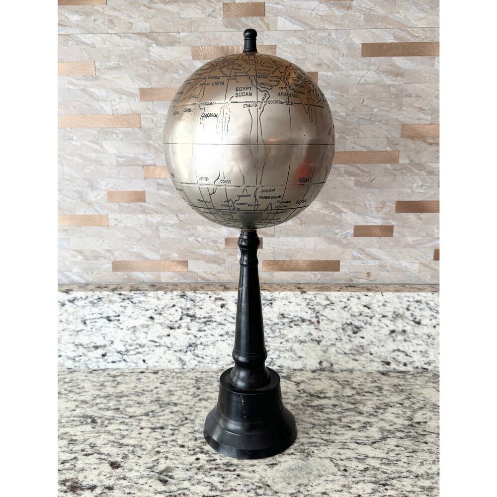 Vintage Silver World Globe on Brass Stand, Made in India